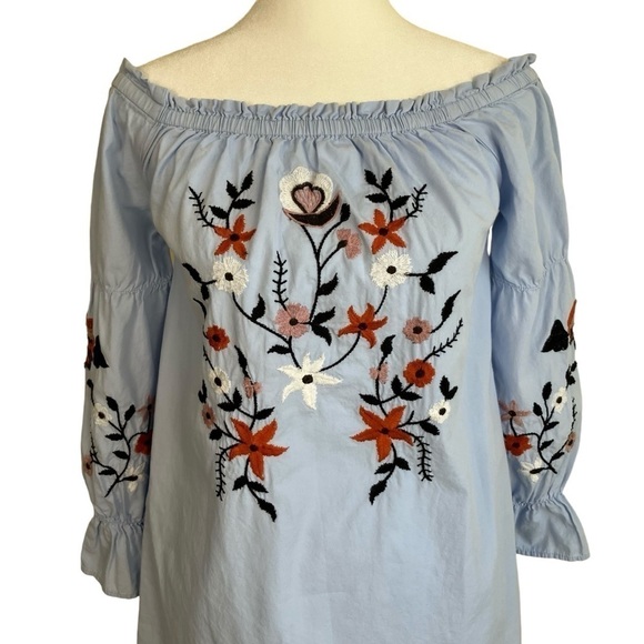 Sky and Sparrow Boho Off-the-Shoulder Floral Embroidered Mini Dress in Blue Sz S - Picture 4 of 16